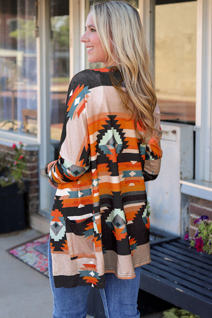 Orange Western Tribal Aztec Print Cardigan - Sweaters & Cardigans/Cardigans