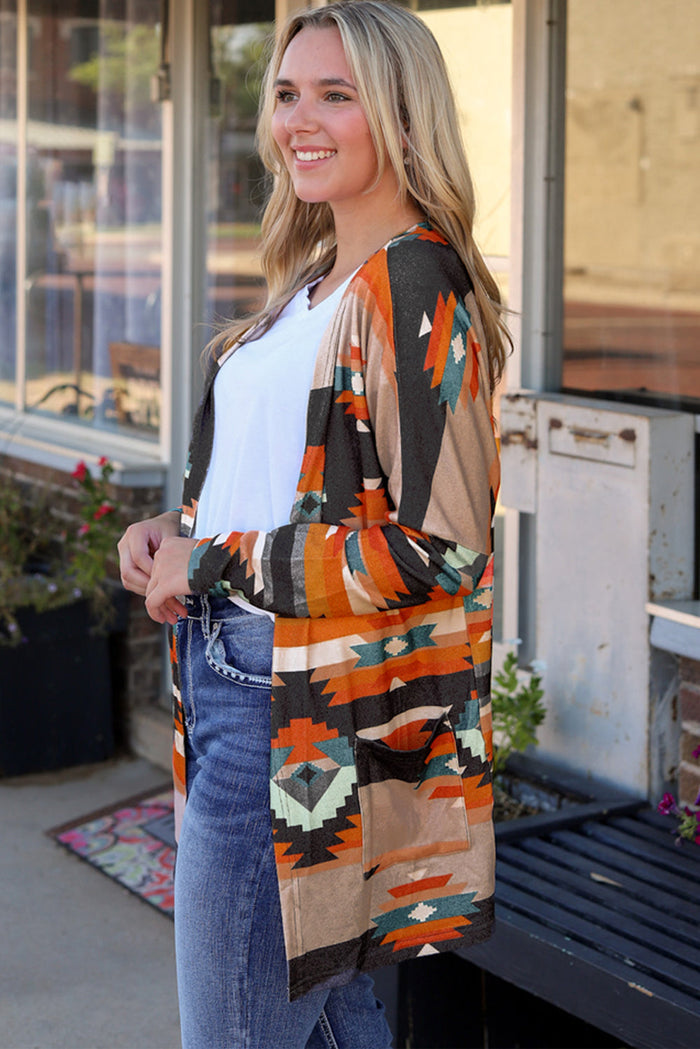 Orange Western Tribal Aztec Print Cardigan - Sweaters & Cardigans/Cardigans