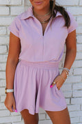 Orchid Bouquet Short Sleeve Zipper Collared Elastic High Waist Romper - S / 50% Polyester + 45% Viscose + 5% Elastane