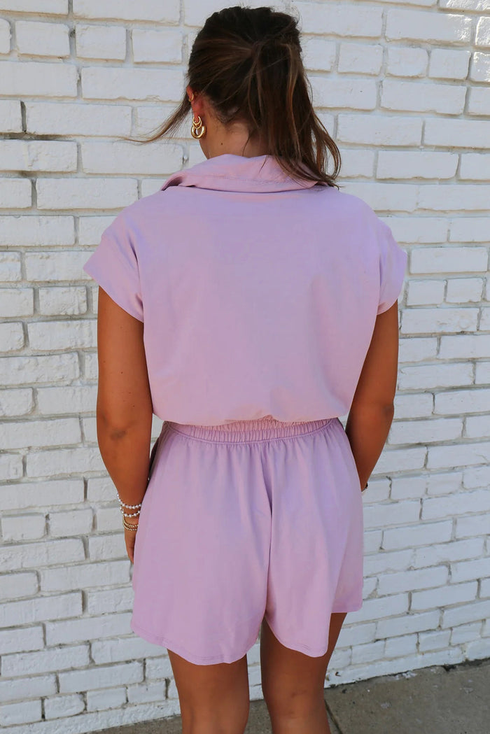 Orchid Bouquet Short Sleeve Zipper Collared Elastic High Waist Romper - Bottoms/Jumpsuits & Rompers