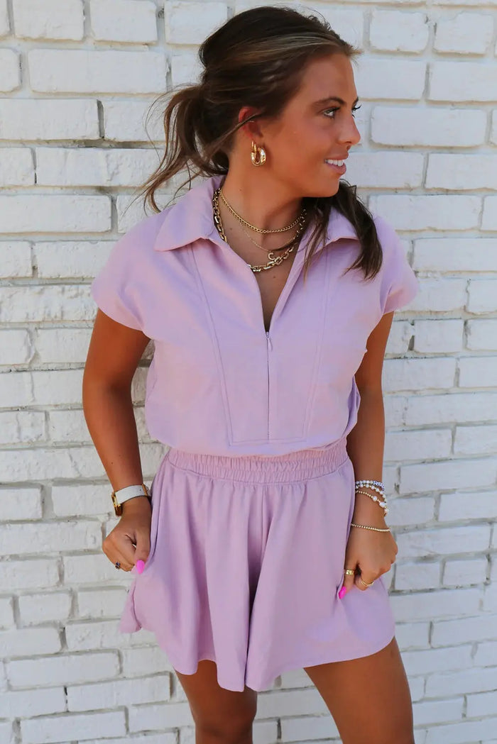 Orchid Bouquet Short Sleeve Zipper Collared Elastic High Waist Romper - Bottoms/Jumpsuits & Rompers
