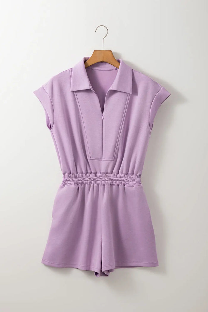 Orchid Bouquet Short Sleeve Zipper Collared Elastic High Waist Romper - Bottoms/Jumpsuits & Rompers