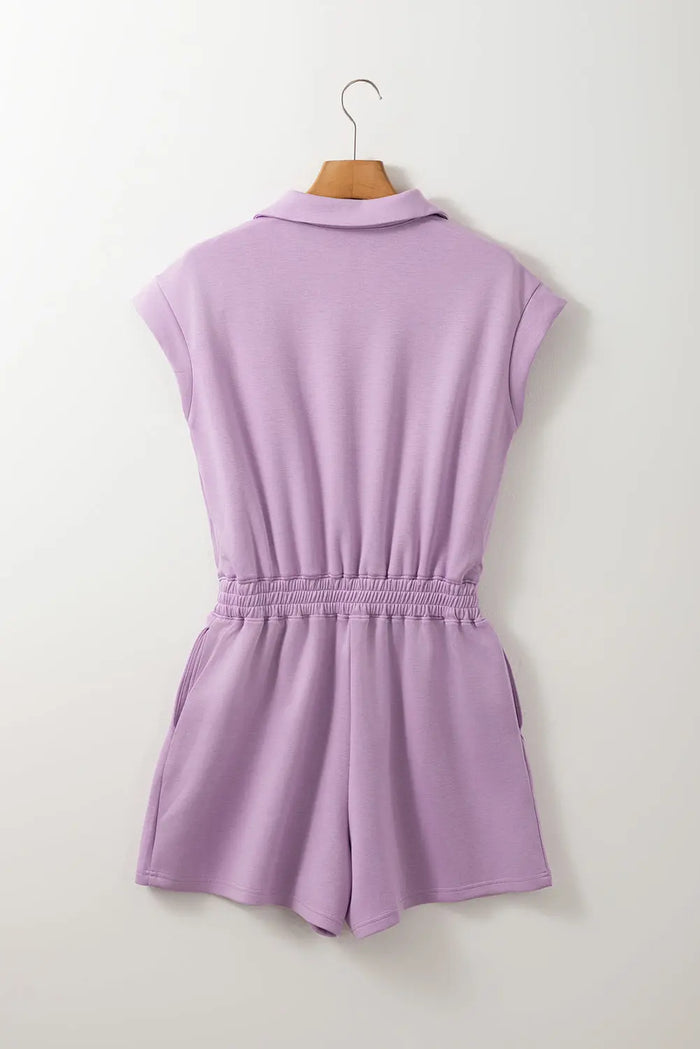 Orchid Bouquet Short Sleeve Zipper Collared Elastic High Waist Romper - Bottoms/Jumpsuits & Rompers