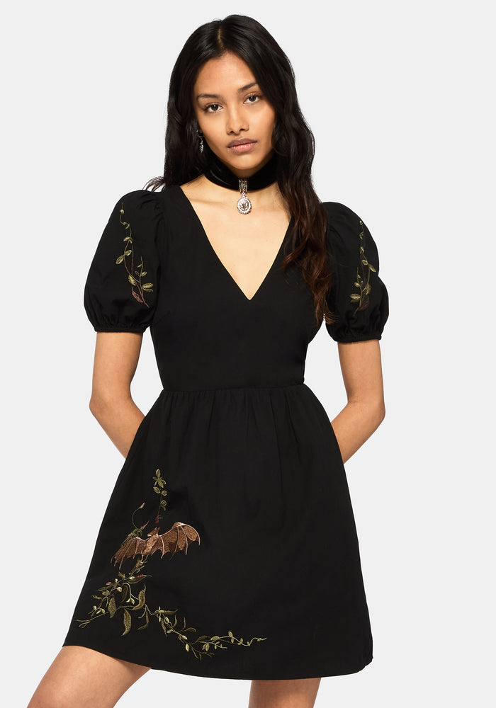Orena Bat Embroidered Mini Dress