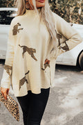 Parchment Lively Cheetah Print High Neck Split Hem Sweater - PARCHMENT / S / 52% VISCOSE + 26% POLYESTER + 22%