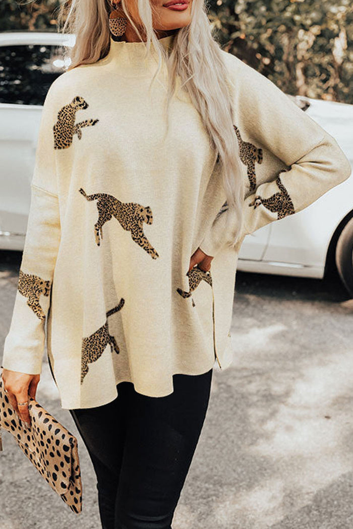 Parchment Lively Cheetah Print High Neck Split Hem Sweater - PARCHMENT / S / 52% VISCOSE + 26% POLYESTER + 22%