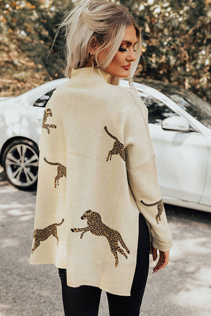 Parchment Lively Cheetah Print High Neck Split Hem Sweater - Sweaters & Cardigans/Sweaters