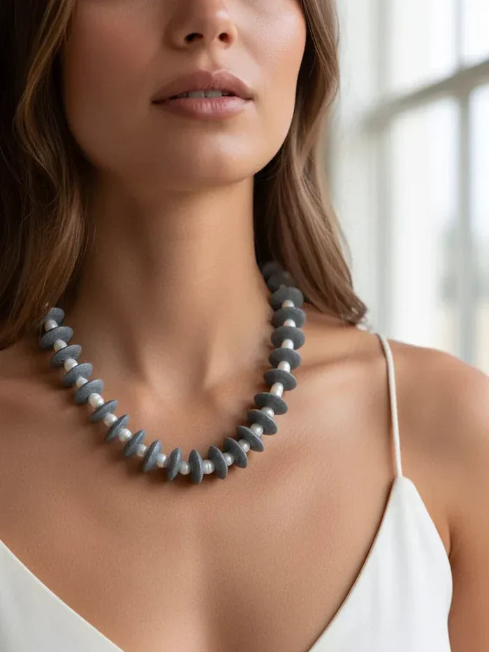 PEARLS GONE WILD Ashanti Glass and Pearl Beaded Necklace - Dk Grey Farrah B Jewelry Necklace