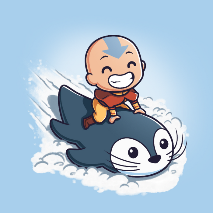 Premium Cotton T-shirt_TeeTurtle light blue Penguin Sledding T-shirt featuring Aang from Avatar: The Last Airbender joyfully riding an otter penguin through the snow as if it were a sled.