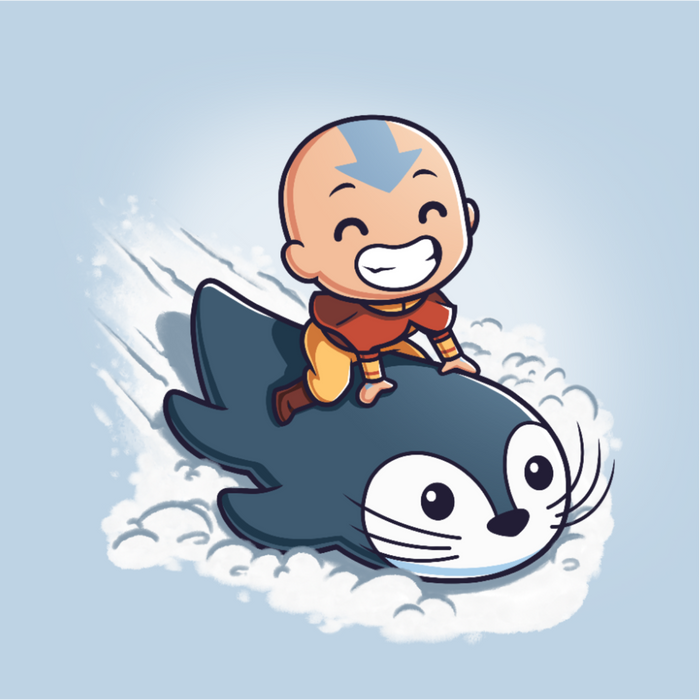 Classic Cotton T-shirt_TeeTurtle light blue Penguin Sledding Classic Cotton T-shirt featuring Aang from Avatar: The Last Airbender joyfully riding an otter penguin through the snow as if it were a sled.