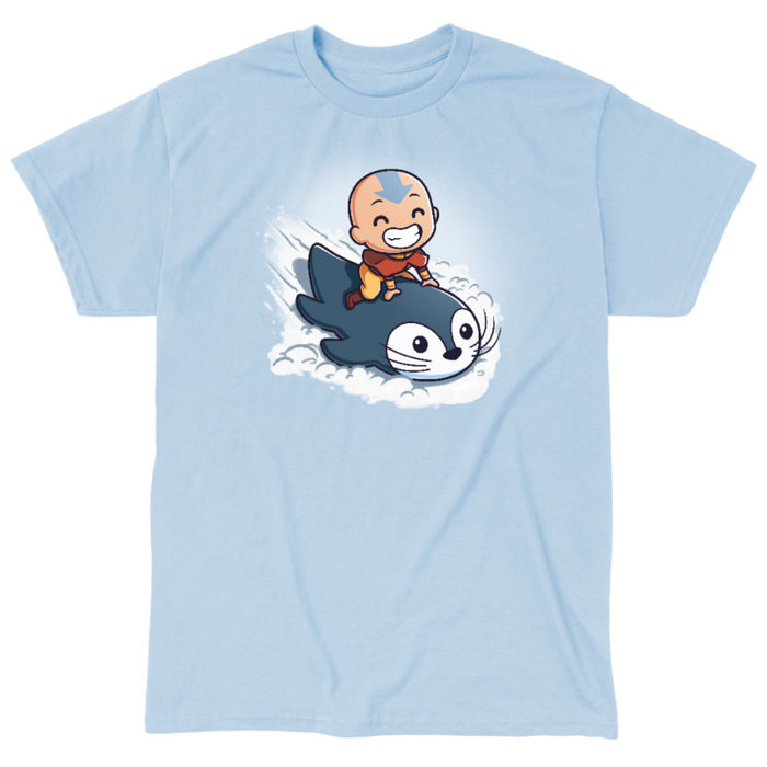 Classic Cotton T-shirt_TeeTurtle light blue Penguin Sledding Classic Cotton T-shirt featuring Aang from Avatar: The Last Airbender joyfully riding an otter penguin through the snow as if it were a sled.