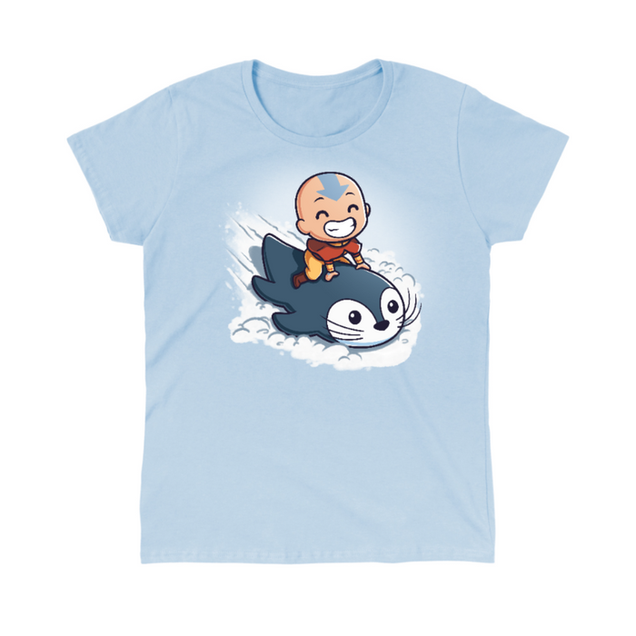 Classic Cotton T-shirt_TeeTurtle light blue Penguin Sledding Classic Cotton T-shirt featuring Aang from Avatar: The Last Airbender joyfully riding an otter penguin through the snow as if it were a sled.