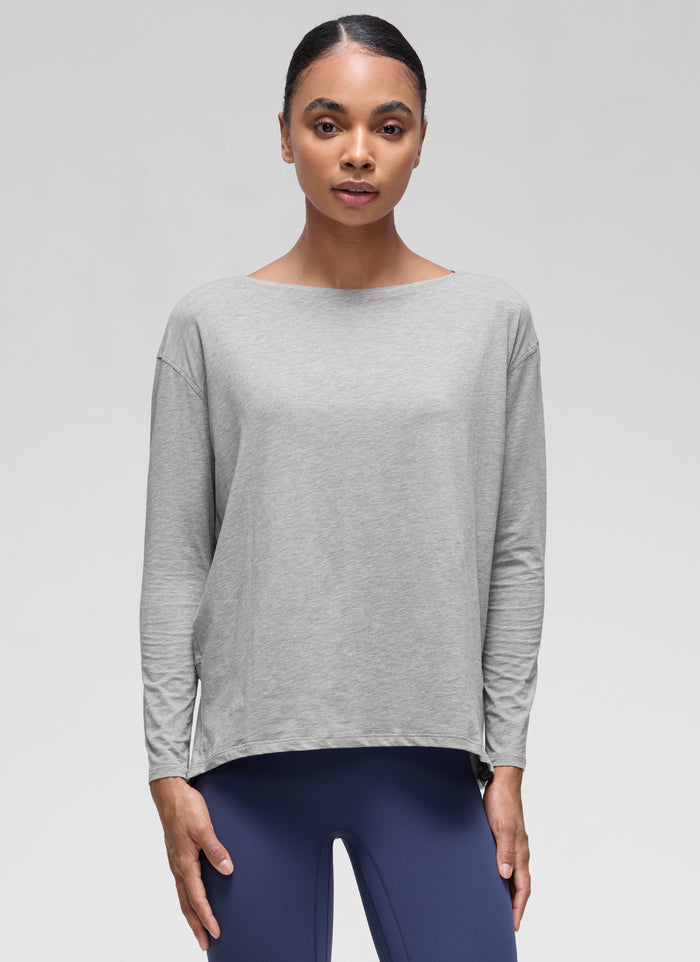 CRZ YOGA Women's Casual Loose Fit Pima Cotton Long Sleeves Boat Neck Heathered Medium Grey