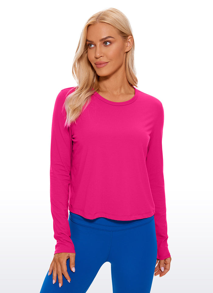 CRZ YOGA Women's Yoga Loose Fit Tops Pima Cotton Cropped Long Sleeve Granita Pink