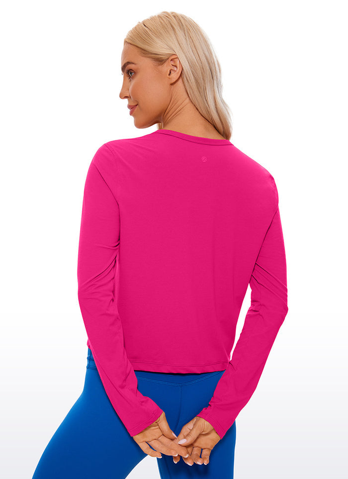 CRZ YOGA Women's Yoga Loose Fit Tops Pima Cotton Cropped Long Sleeve Granita Pink