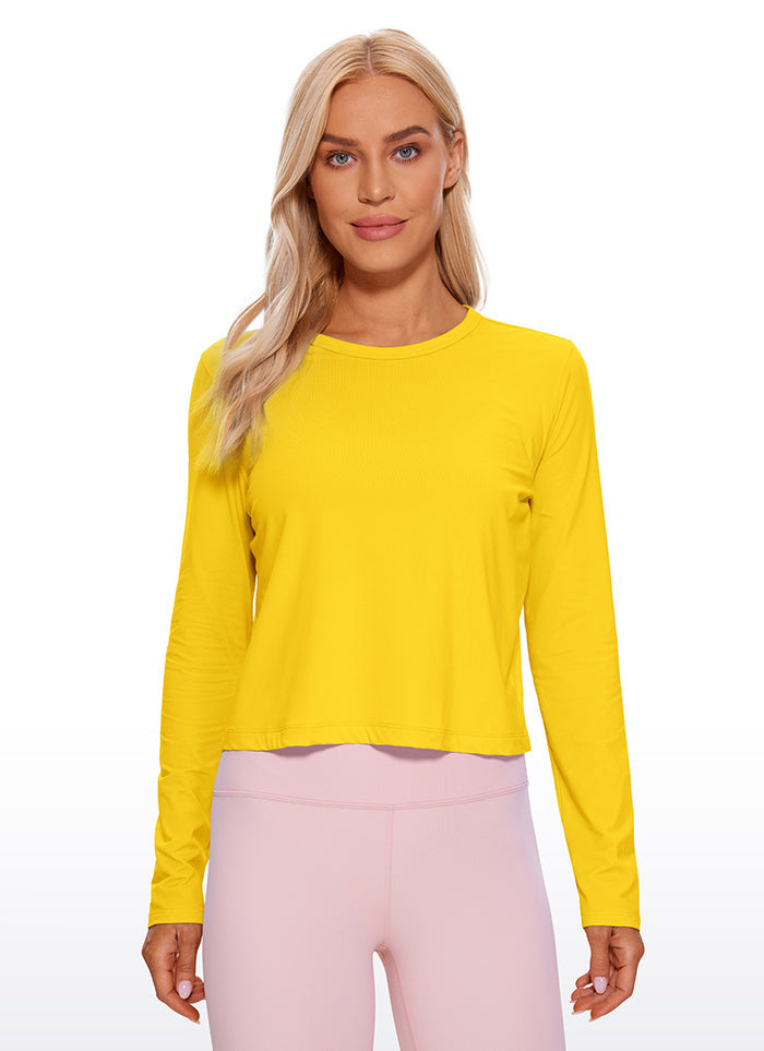 CRZ YOGA Women's Yoga Loose Fit Tops Pima Cotton Cropped Long Sleeve High Visibility Yellow