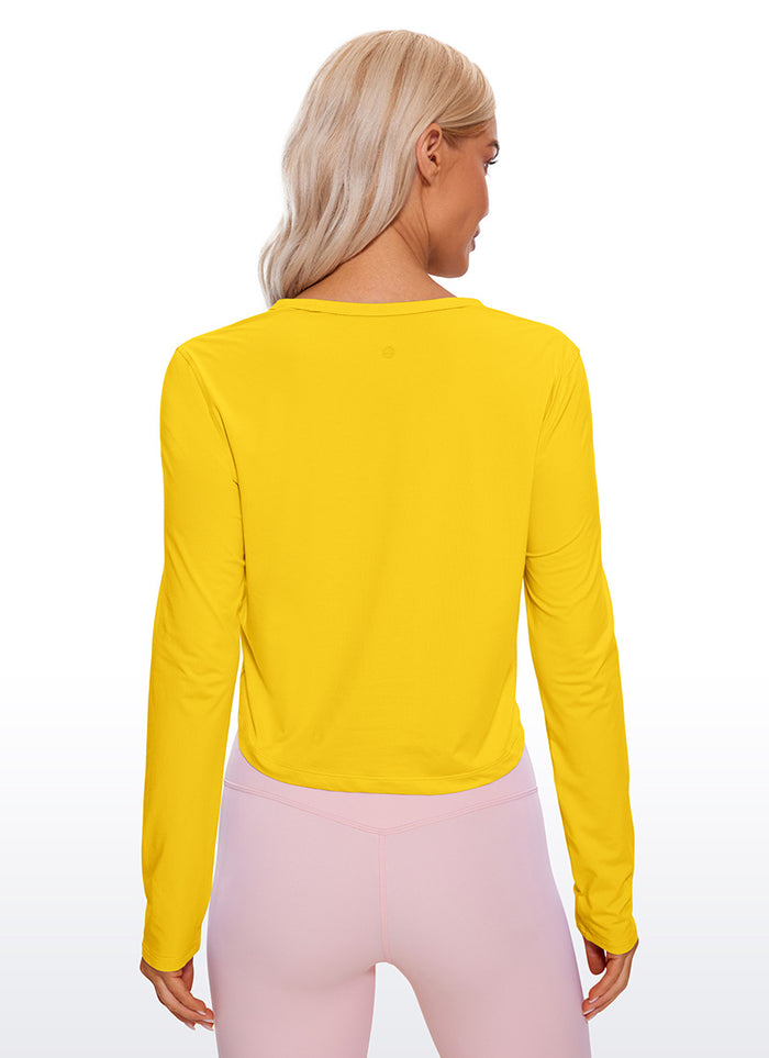 CRZ YOGA Women's Yoga Loose Fit Tops Pima Cotton Cropped Long Sleeve High Visibility Yellow