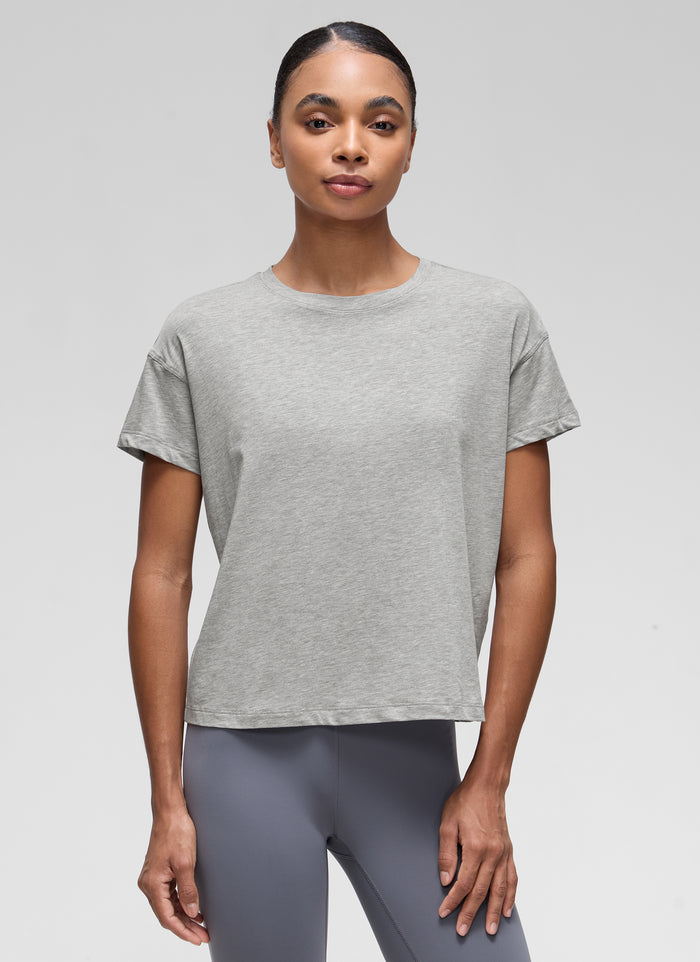 CRZ YOGA Women's Yoga Loose Fit Shirt Pima Cotton Short Sleeves Heathered Medium Grey