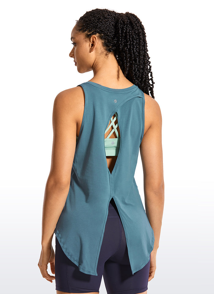 CRZ YOGA Women's Yoga Loose Fit Tops Pima Cotton Tank Split Open Back Slate Blue