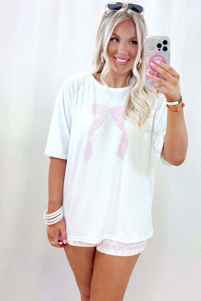 Pink Bow Knot Print Loose Fit Two Piece Pyjamas - Loungewear & Sleepwear/Pyjama Shorts