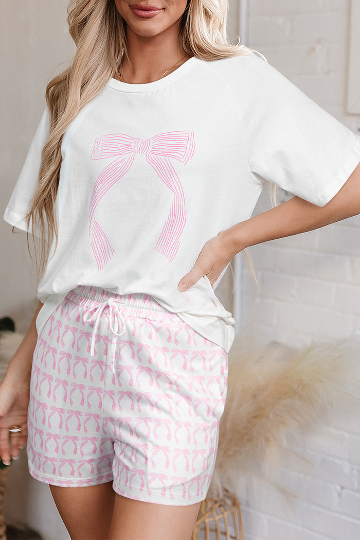 Pink Bow Knot Print Loose Fit Two Piece Pyjamas - Loungewear & Sleepwear/Pyjama Shorts