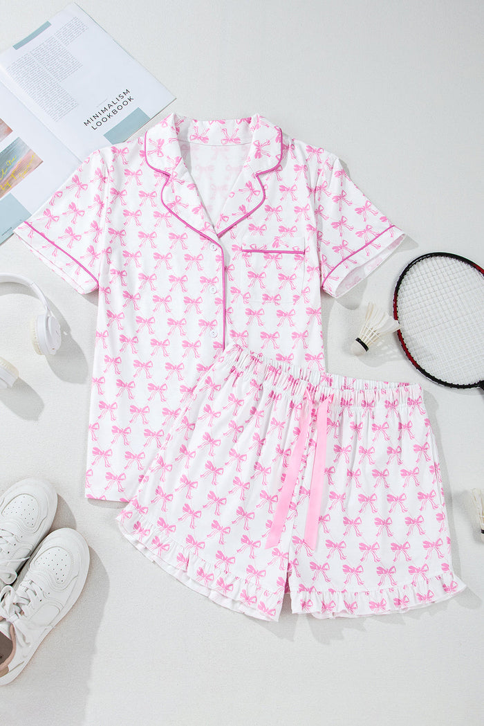 Pink Bowknot Printed Short Sleeve and Ruffled Shorts Valentines Pyjama Set - PINK / S / 95% POLYESTER + 5% ELASTANE