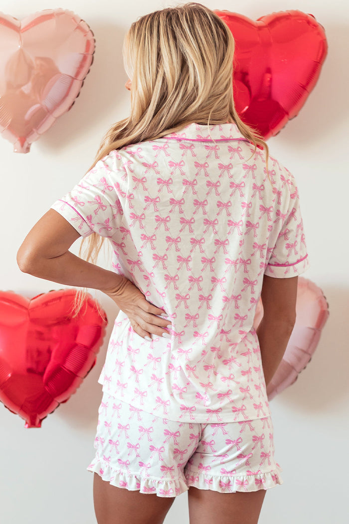 Pink Bowknot Printed Short Sleeve and Ruffled Shorts Valentines Pyjama Set - Loungewear & Sleepwear/Pyjama