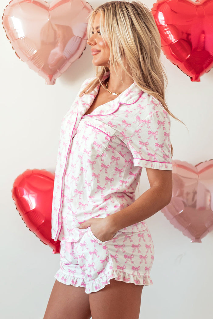 Pink Bowknot Printed Short Sleeve and Ruffled Shorts Valentines Pyjama Set - Loungewear & Sleepwear/Pyjama