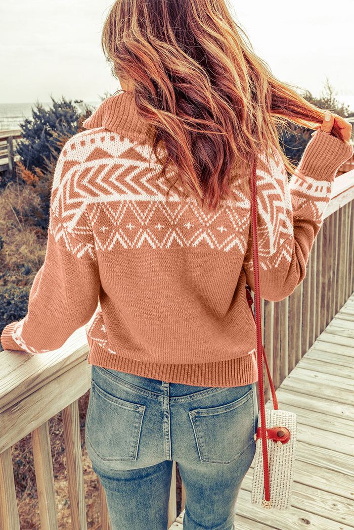 Pink Geometry Knit Quarter Zip Sweater - Sweaters & Cardigans/Sweaters