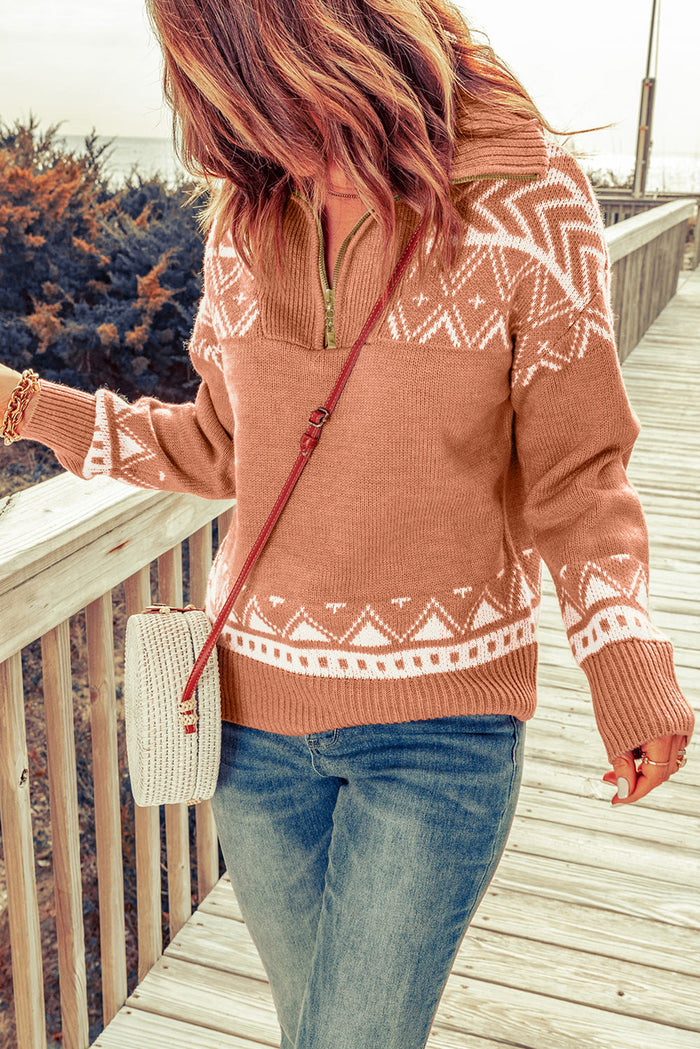 Pink Geometry Knit Quarter Zip Sweater - Sweaters & Cardigans/Sweaters