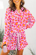 Pink Leopard Print Long Sleeve Shirt and Shorts Pyjamas Set - PINK / S / 100% VISCOSE - Loungewear & Sleepwear/Pyjama