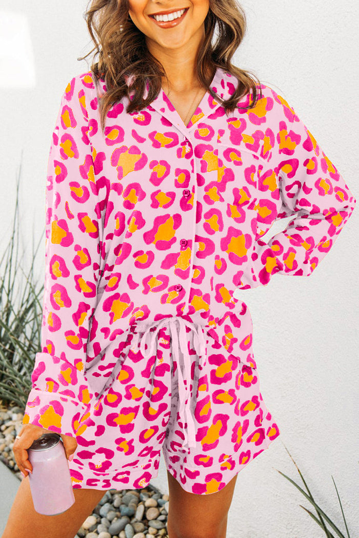 Pink Leopard Print Long Sleeve Shirt and Shorts Pyjamas Set - PINK / S / 100% VISCOSE - Loungewear & Sleepwear/Pyjama