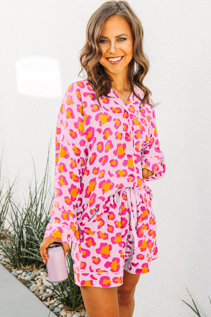 Pink Leopard Print Long Sleeve Shirt and Shorts Pyjamas Set - Loungewear & Sleepwear/Pyjama