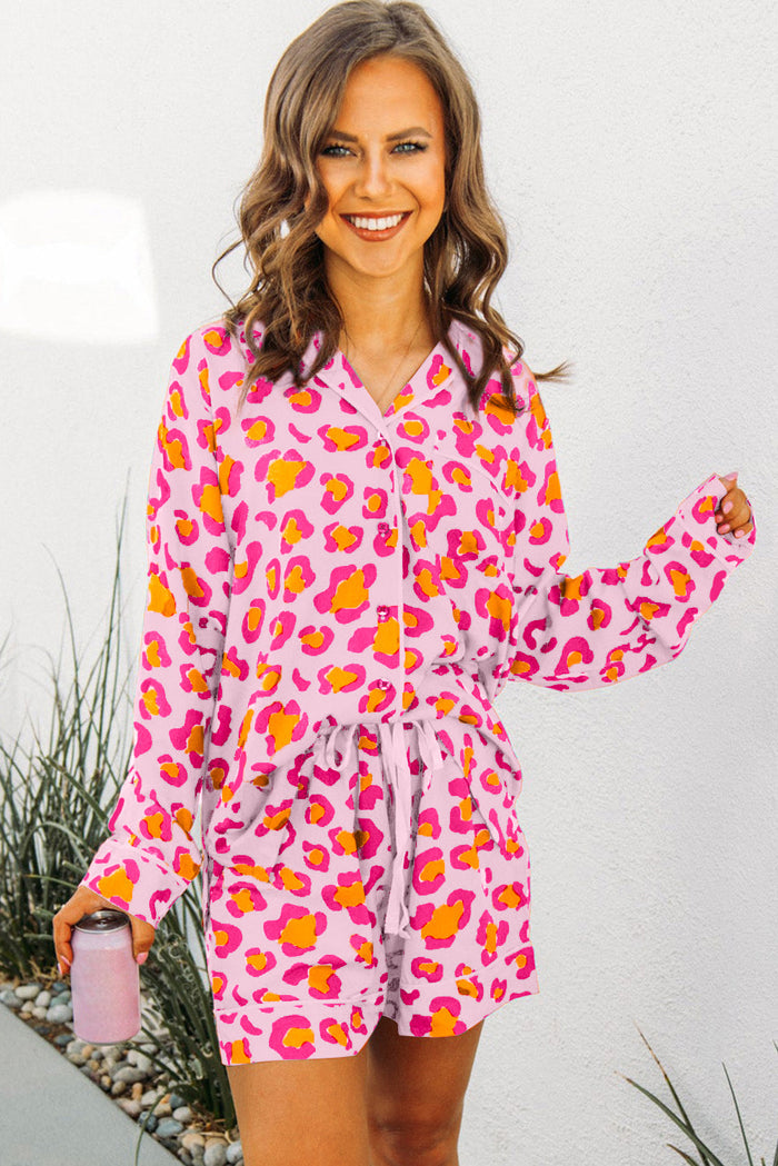 Pink Leopard Print Long Sleeve Shirt and Shorts Pyjamas Set - Loungewear & Sleepwear/Pyjama