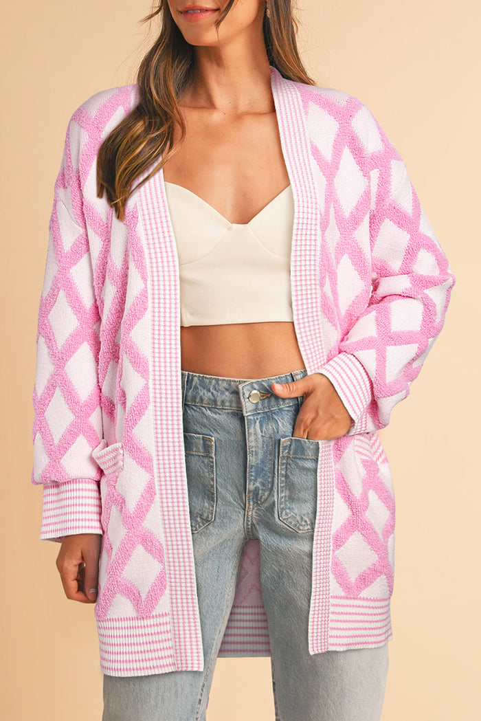 Pink Rhombus Pattern Knit Open Front Pocketed Cardigans - PINK / S / 50% VISCOSE + 28% POLYESTER + 22% POLYAMIDE
