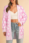 Pink Rhombus Pattern Knit Open Front Pocketed Cardigans - PINK / S / 50% VISCOSE + 28% POLYESTER + 22% POLYAMIDE