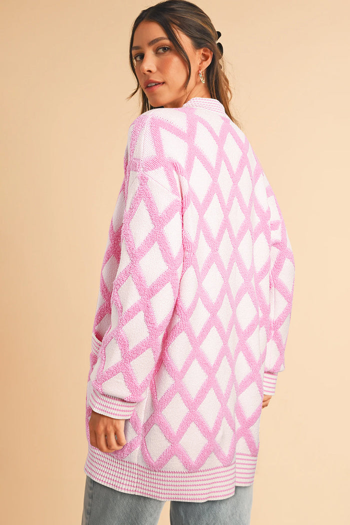 Pink Rhombus Pattern Knit Open Front Pocketed Cardigans - Sweaters & Cardigans/Cardigans