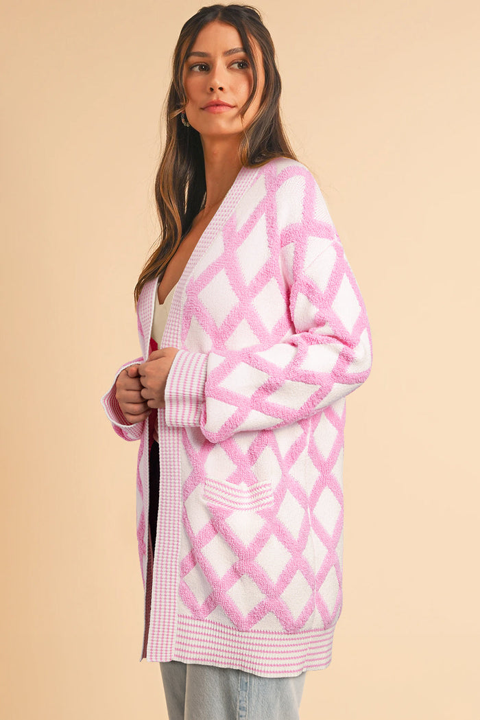 Pink Rhombus Pattern Knit Open Front Pocketed Cardigans - Sweaters & Cardigans/Cardigans