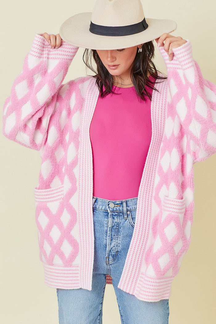 Pink Rhombus Pattern Knit Open Front Pocketed Cardigans - Sweaters & Cardigans/Cardigans