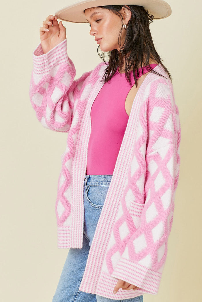 Pink Rhombus Pattern Knit Open Front Pocketed Cardigans - Sweaters & Cardigans/Cardigans