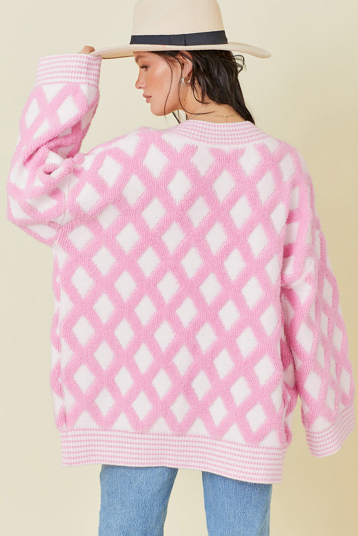 Pink Rhombus Pattern Knit Open Front Pocketed Cardigans - Sweaters & Cardigans/Cardigans