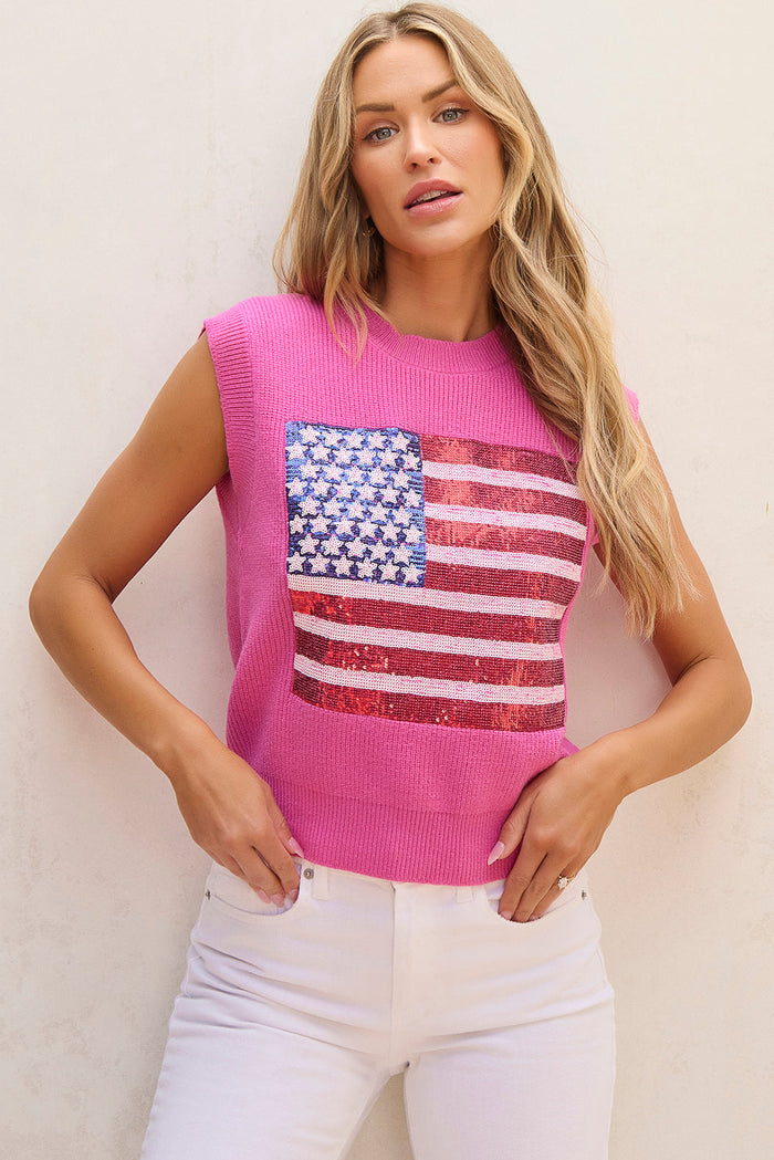 Pink Sparkling American Flag Knitted Vest - BONBON / S / 50% VISCOSE + 28% POLYESTER + 22% POLYAMIDE - Sweaters &