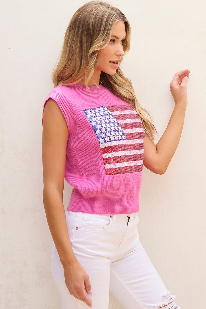 Pink Sparkling American Flag Knitted Vest - Sweaters & Cardigans/Sweater Vests
