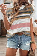 Pink Stripe Colour Block Eyelet Knit Short Sleeve Sweater Tee - PINK STRIPE / S / 100% POLYESTER - Sweaters &