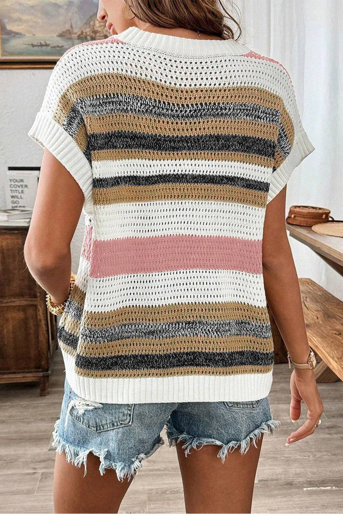 Pink Stripe Colour Block Eyelet Knit Short Sleeve Sweater Tee - Sweaters & Cardigans/Short