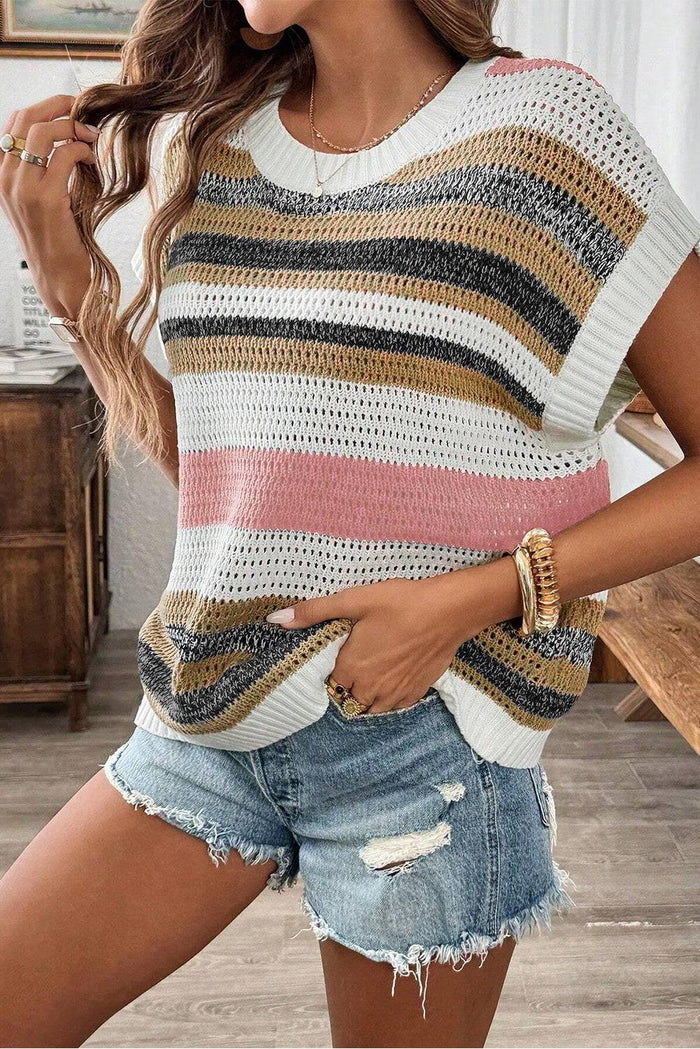 Pink Stripe Colour Block Eyelet Knit Short Sleeve Sweater Tee - Sweaters & Cardigans/Short