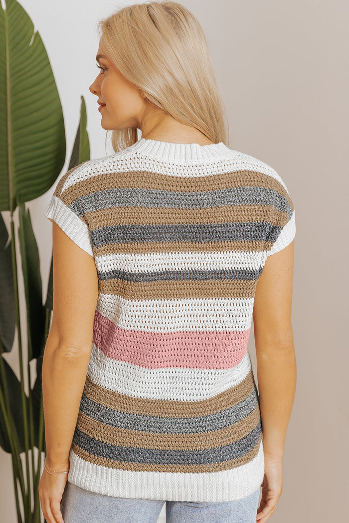 Pink Stripe Colour Block Eyelet Knit Short Sleeve Sweater Tee - Sweaters & Cardigans/Short
