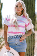 Pink Stripe Dropped Short Sleeve Lightweight Knitted Top - PINK STRIPE / S / 50% VISCOSE + 28% POLYESTER + 22%