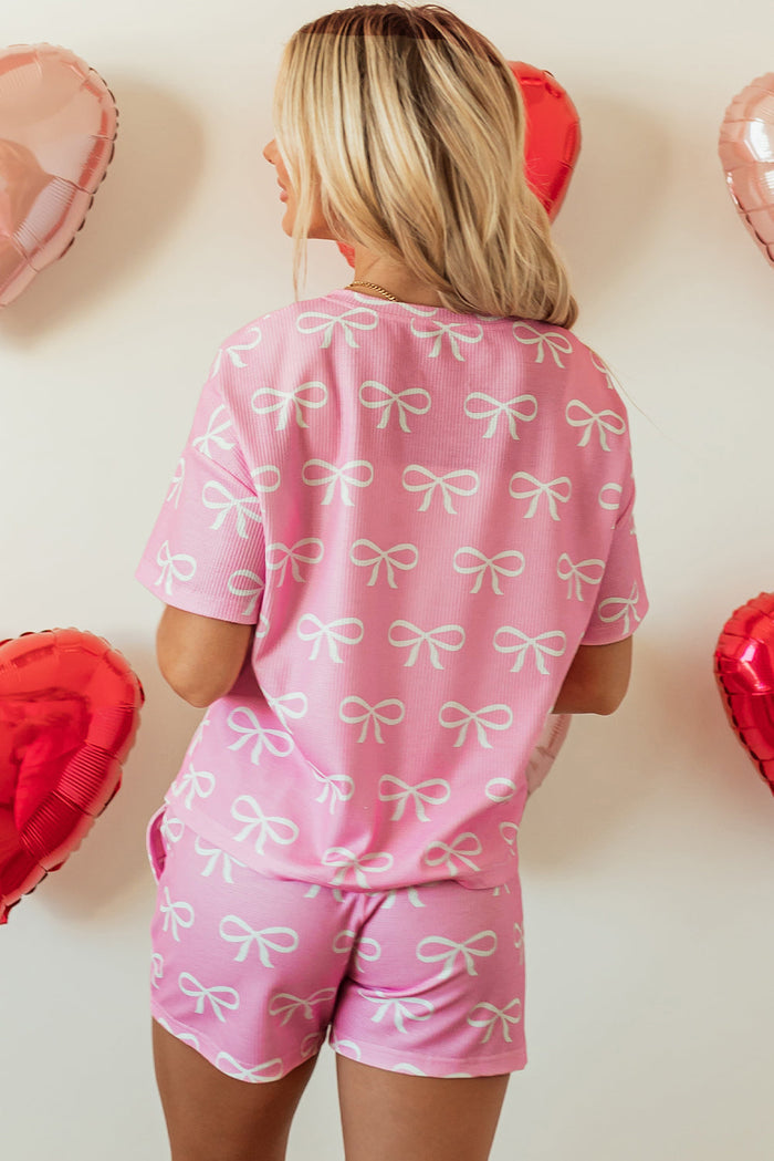 Pink Waffle Knit Bowknot Printed V Neck T Shirt and Shorts Set - Loungewear & Sleepwear/Pyjama