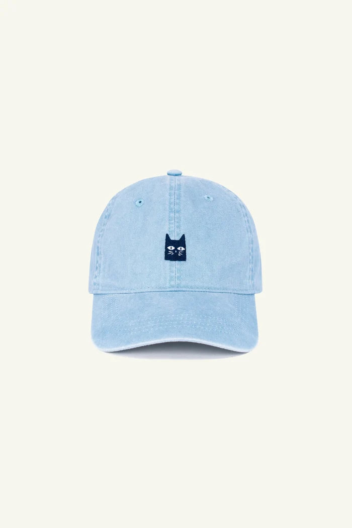 Contrast Pixel Cat embroidered hat in Washed Aquamarine, organic cotton casual cap